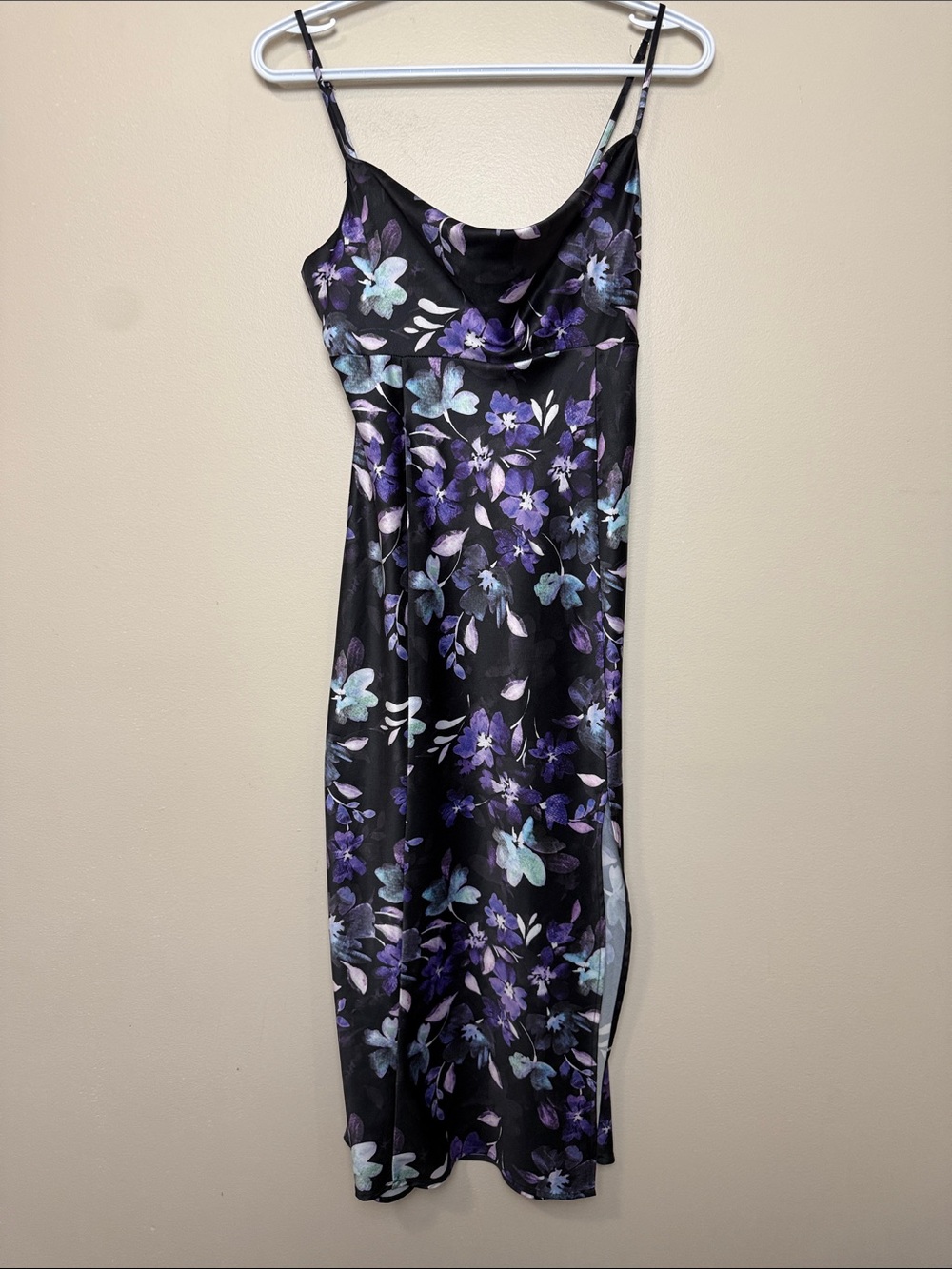 Dynamite Black Midi Slip Dress with Purple & Teal Floral Print size XS